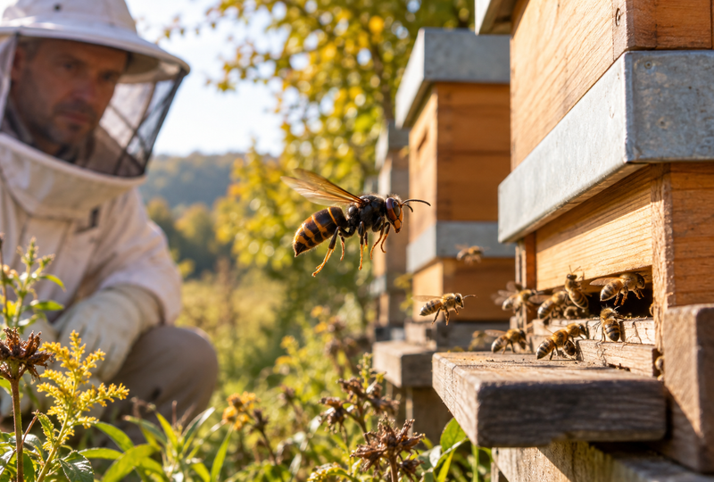 Illustratives Beitragsbild: Hornisse vor einem Bienenstock im Herbst