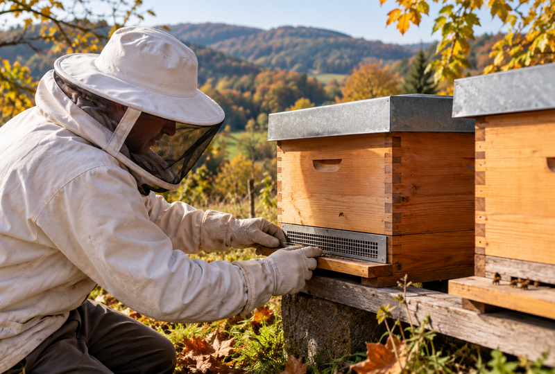 Imker bringt im Oktober Mäuseschutz an einer Bienenbeute an