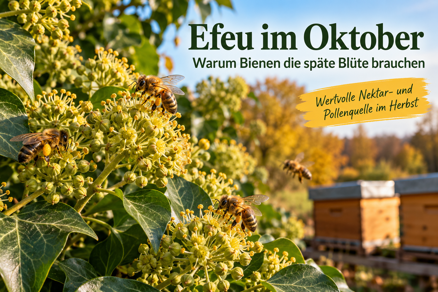 Honigbienen sammeln Nektar und Pollen an blühendem Efeu im Oktober