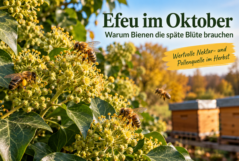 Honigbienen sammeln Nektar und Pollen an blühendem Efeu im Oktober
